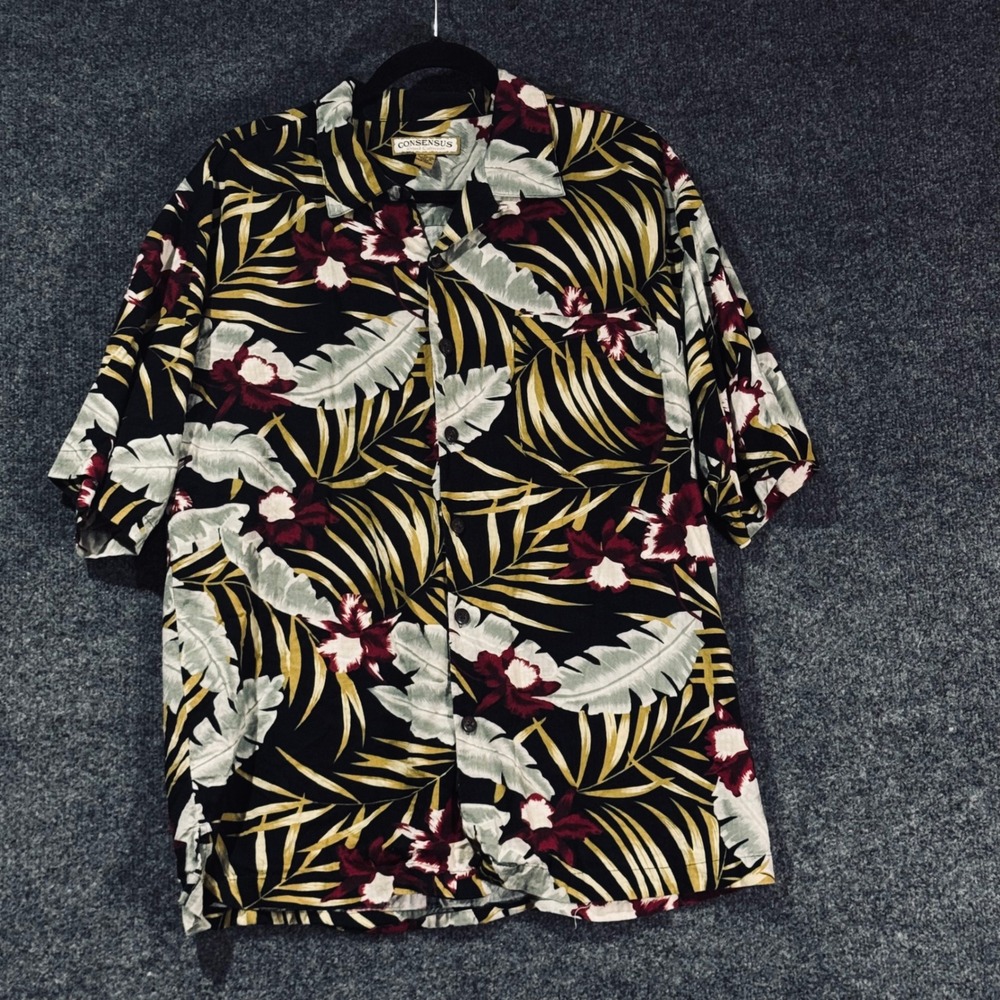 Consensus Hawaiian Shirt Mens L Black Vintage 90s Tropical Floral Rayon Blend